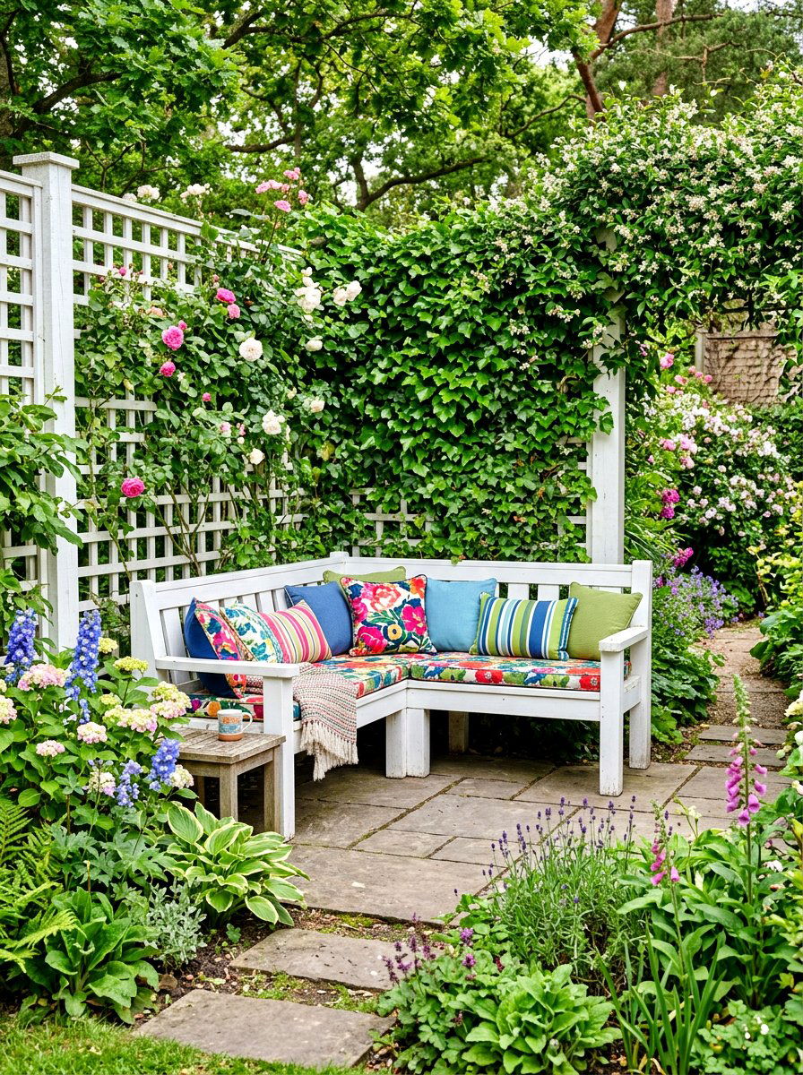 Corner garden bench - 30 backyard seating ideas