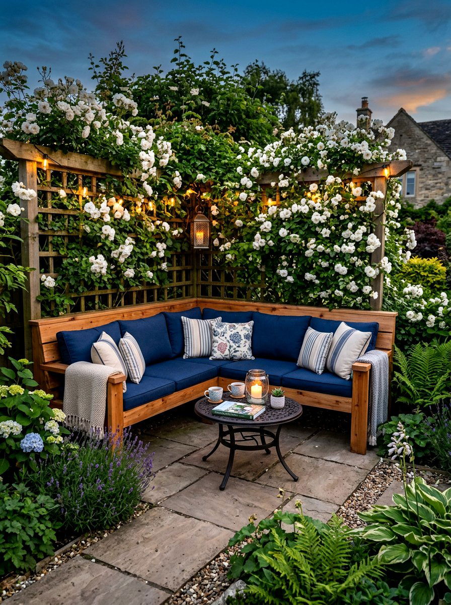 Corner garden bench - 30 outdoor reading garden ideas
