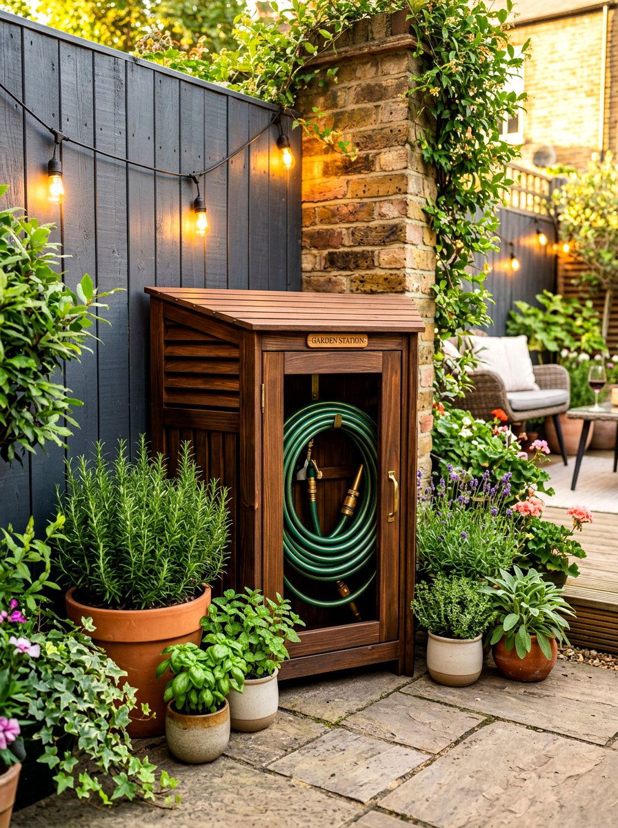Corner garden hose locker - 30 hose reel hideaway ideas