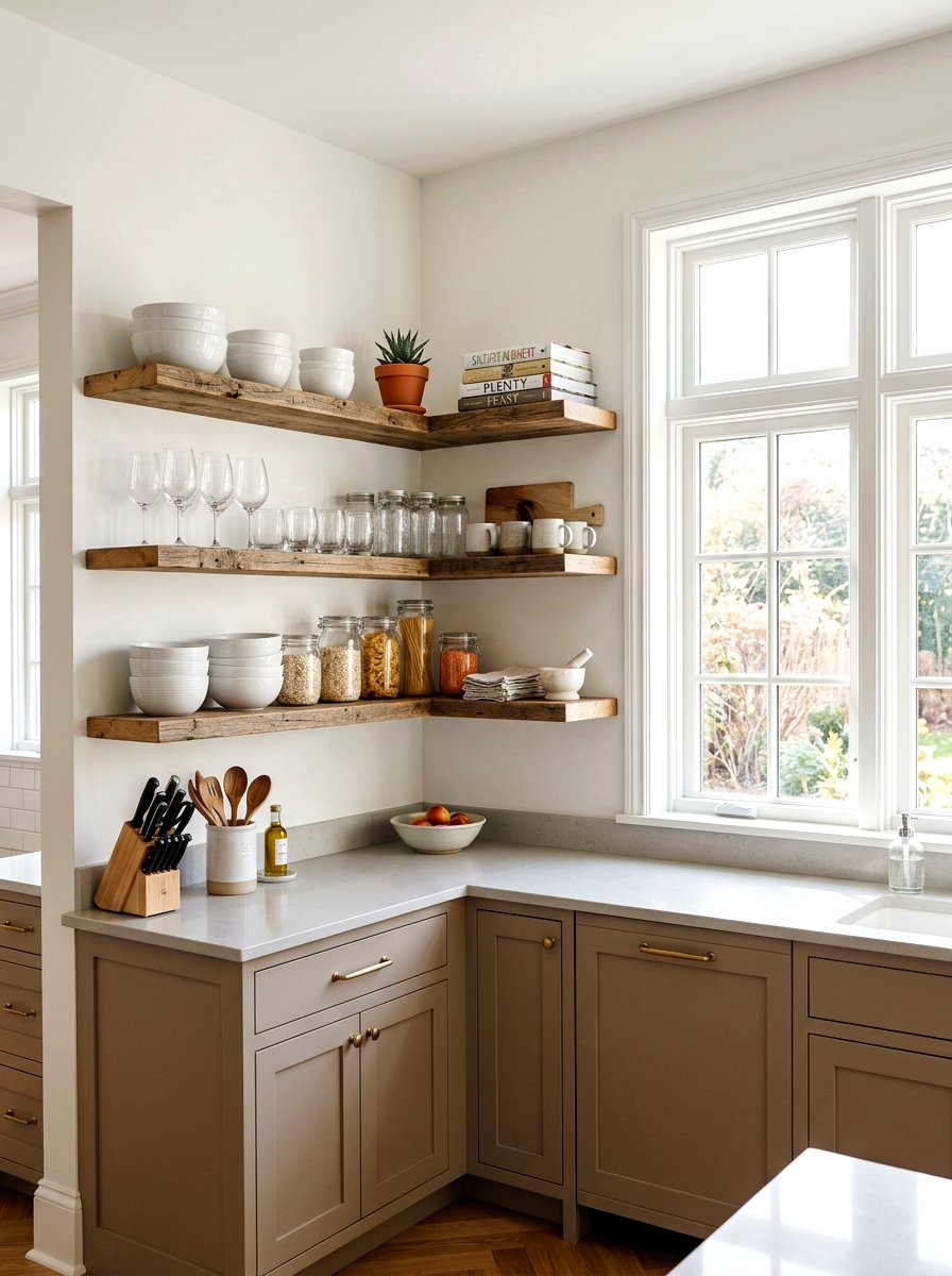 Corner kitchen shelving - 30 tiny kitchen open shelf ideas
