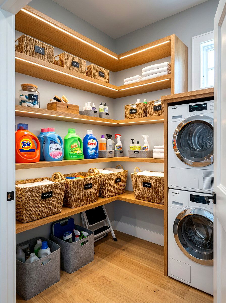 Corner laundry shelving - 30 organizing a laundry closet ideas