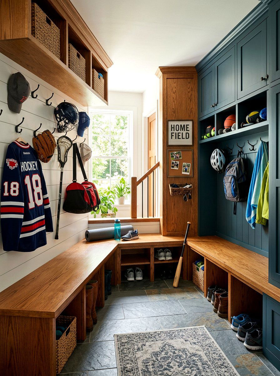 Corner mudroom sports unit - 30 sports gear mudroom ideas