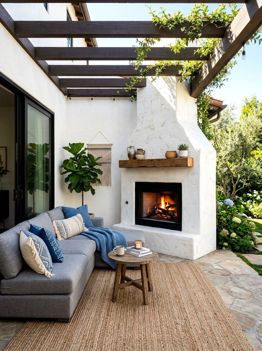 Corner nook patio fireplace - 30 patio fireplace lounge ideas