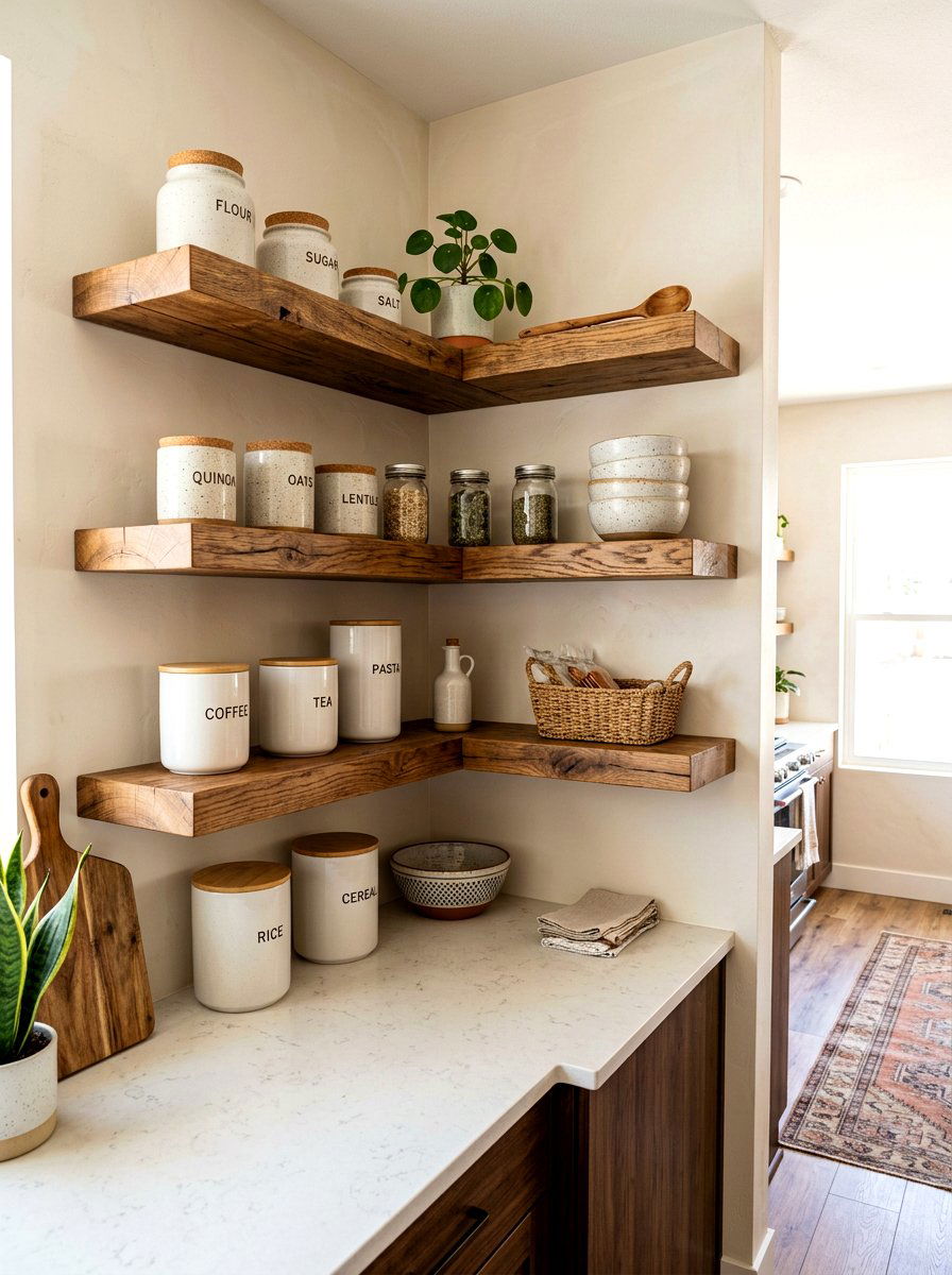 Corner pantry floating shelves - 30 corner pantry shelving ideas