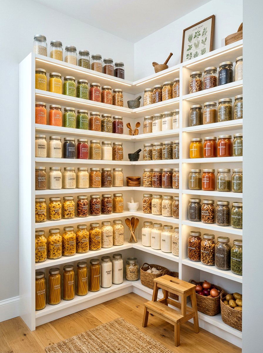 Corner pantry glass jar storage - 30 corner pantry shelving ideas