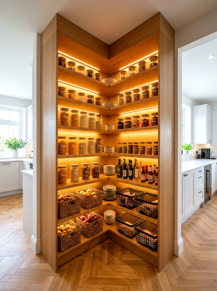 Corner pantry integrated lighting - 30 corner pantry shelving ideas