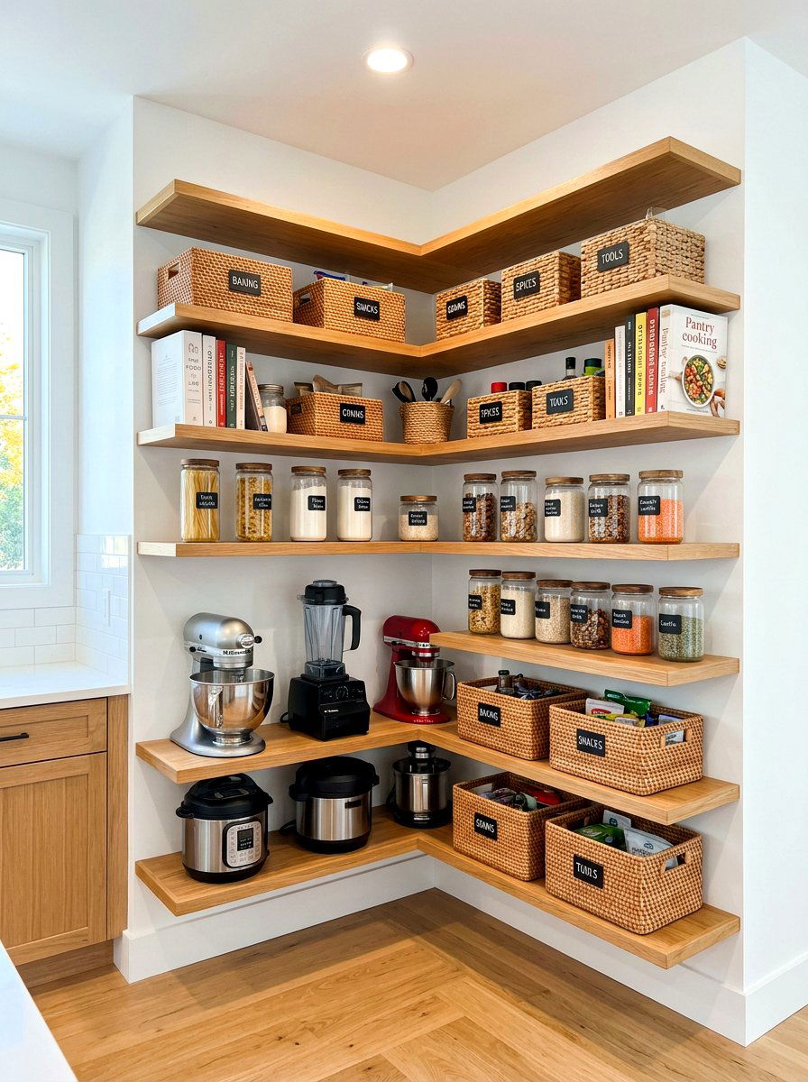 Corner pantry open shelf design - 30 pantry with open shelving ideas