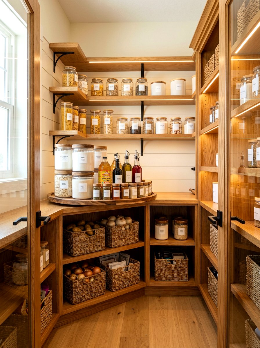 Corner pantry shelf organization - 30 lazy Susan pantry ideas