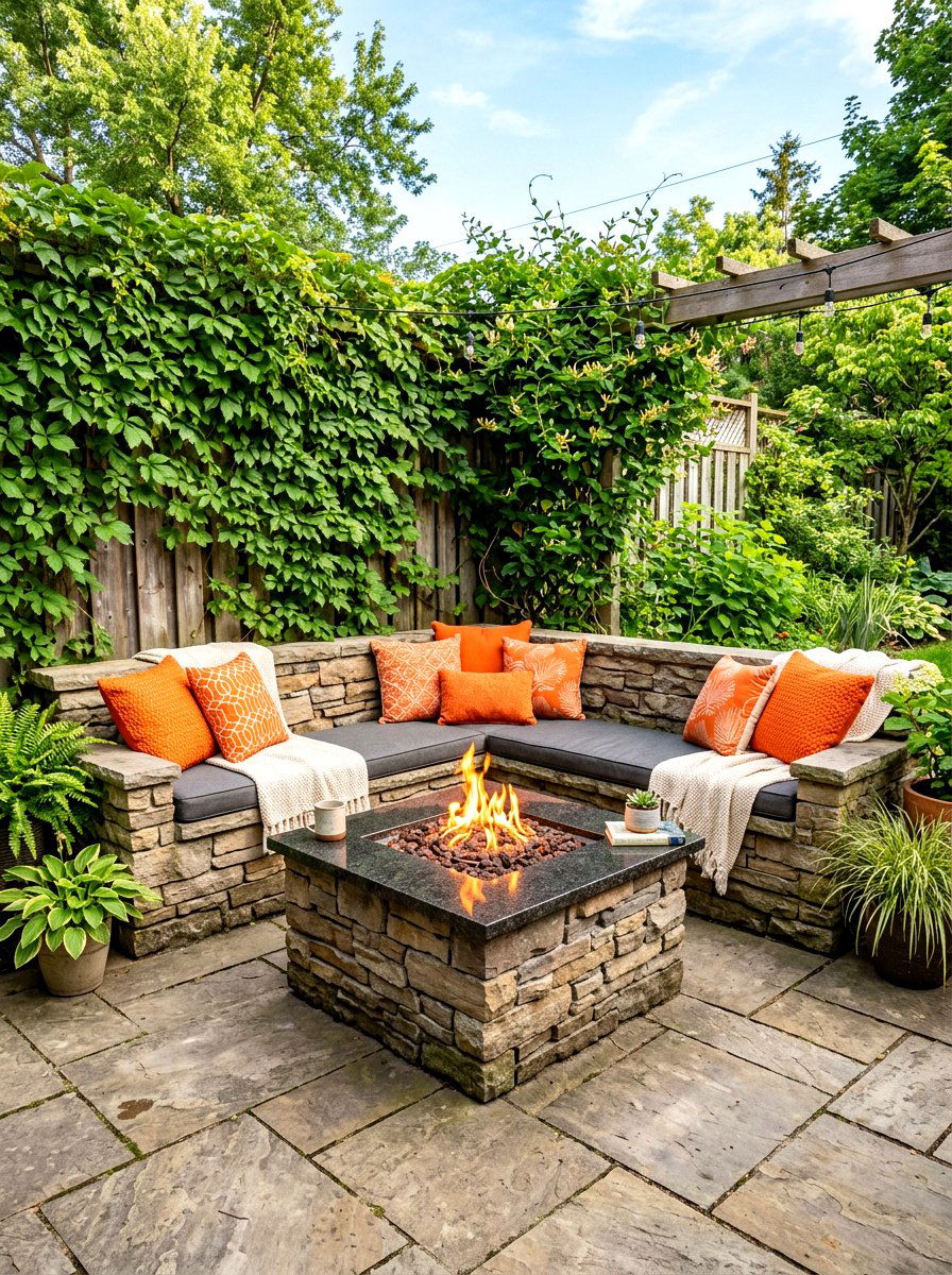 Corner patio fire pit - 30 gas fire lounge patio ideas