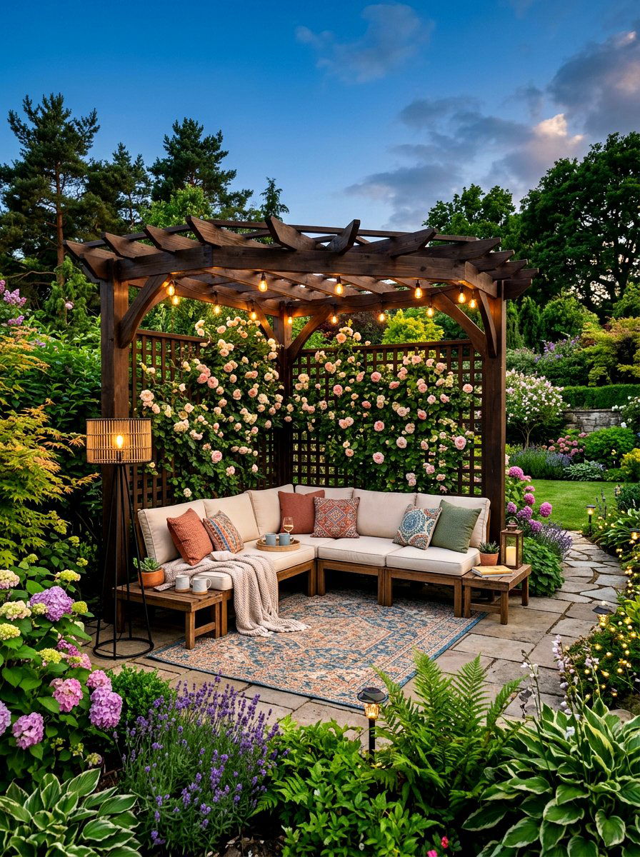 Corner pergola lounge setup - 30 open pergola seating ideas