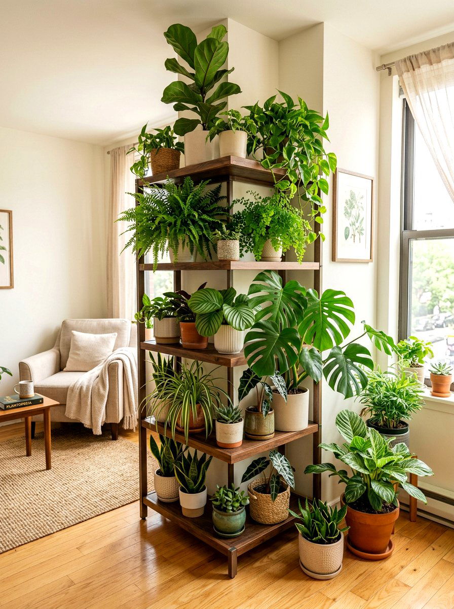 Corner plant shelf - 30 apartment garden ideas