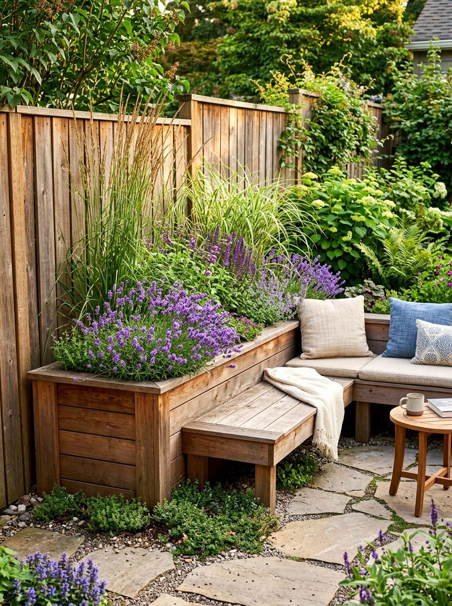 Corner planter bench - 30 patio bench with planter ideas