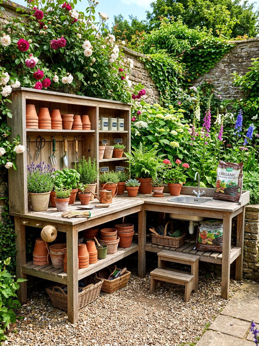 Corner potting bench - 30 potting table greenhouse ideas