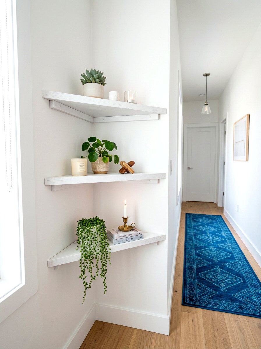 Corner shelves for small hallway - 30 narrow rental hallway ideas