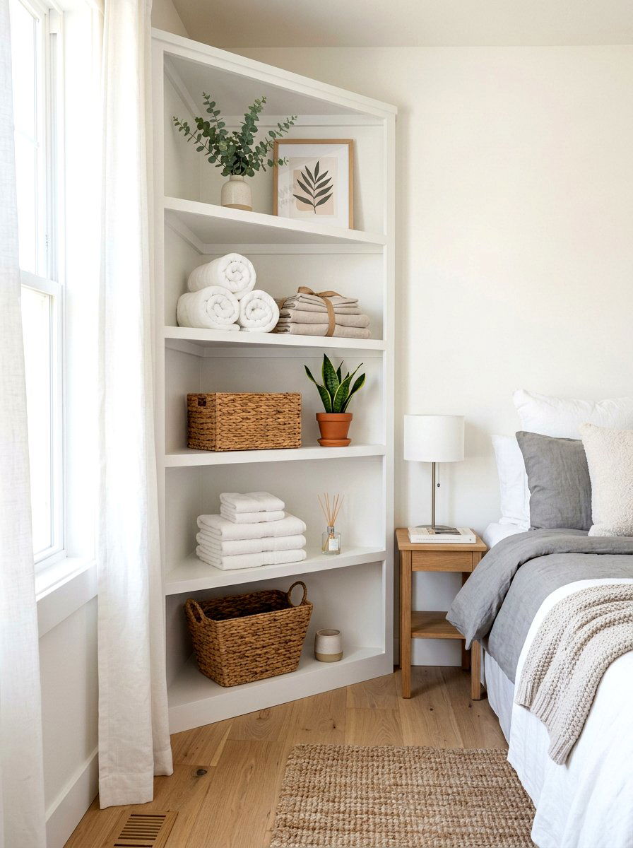 Corner shelving unit - 30 bedding storage ideas