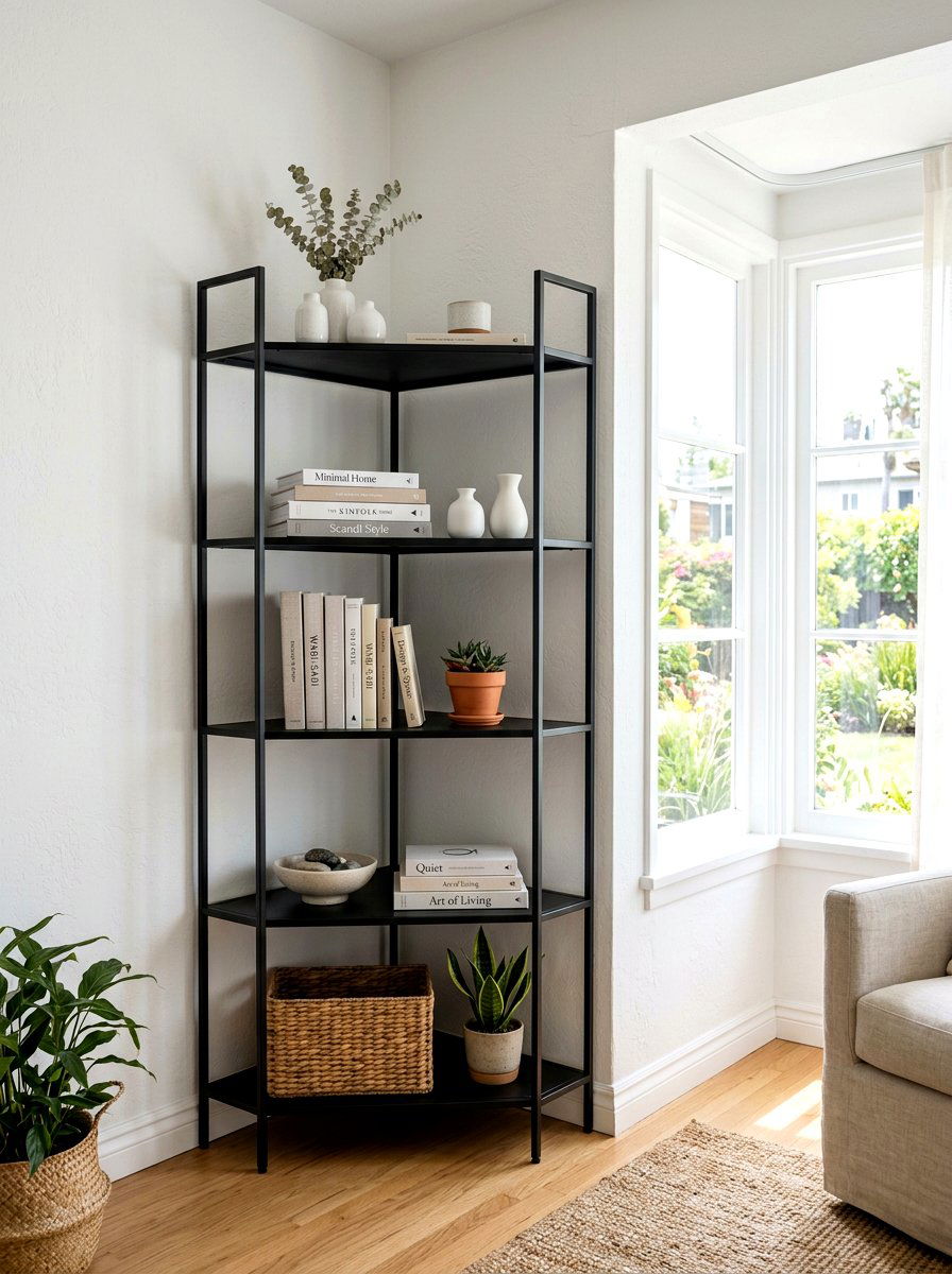Corner shelving unit - 30 minimalist bedroom storage ideas