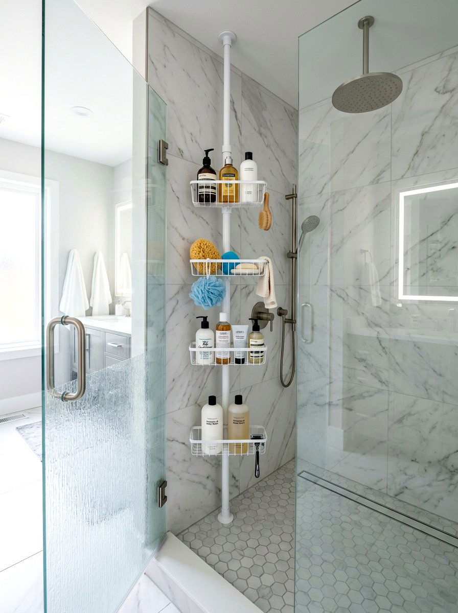 Corner shower tension pole - 30 no drill shelving ideas