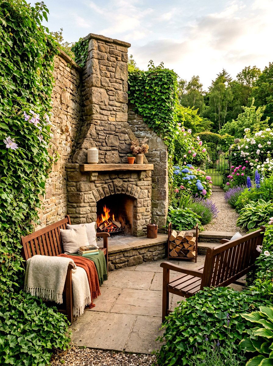 Corner stone fireplace nook - 30 backyard fireplace seating ideas