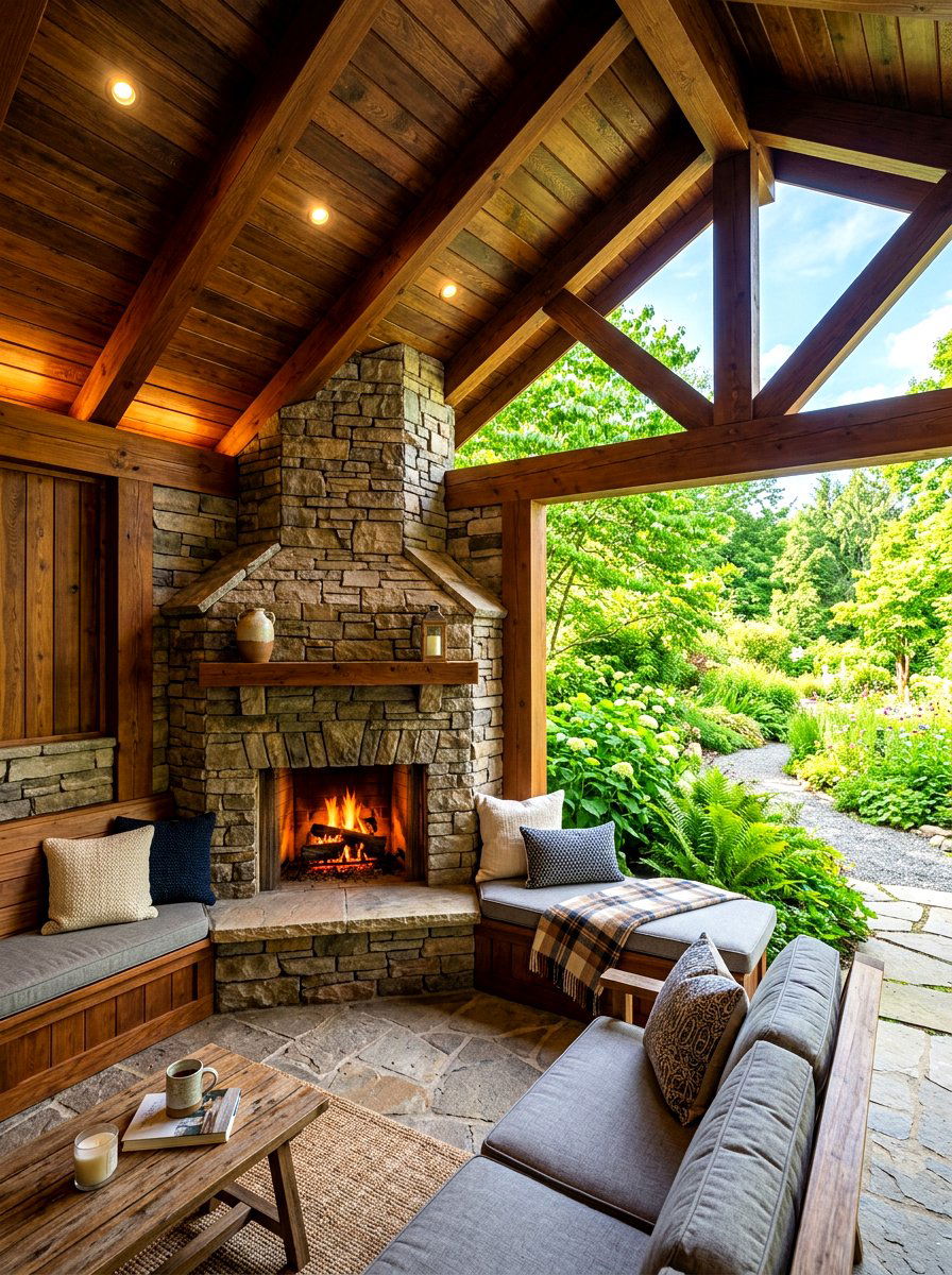 Corner stone fireplace pavilion - 30 pavilion fireplace ideas