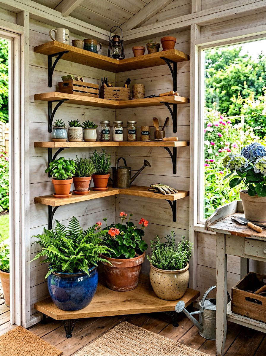 Corner storage shelf - 30 potting shed storage ideas