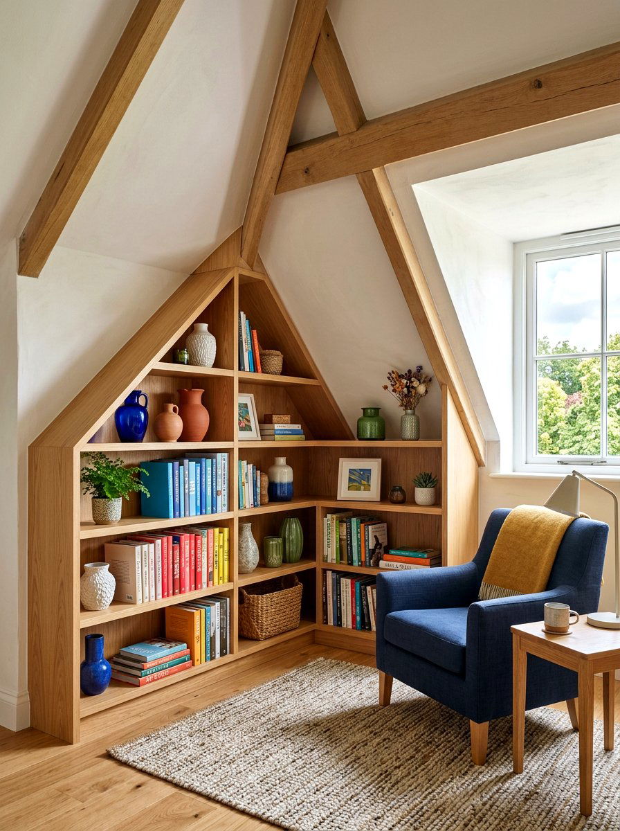 Corner storage shelving - 30 attic bedroom storage ideas