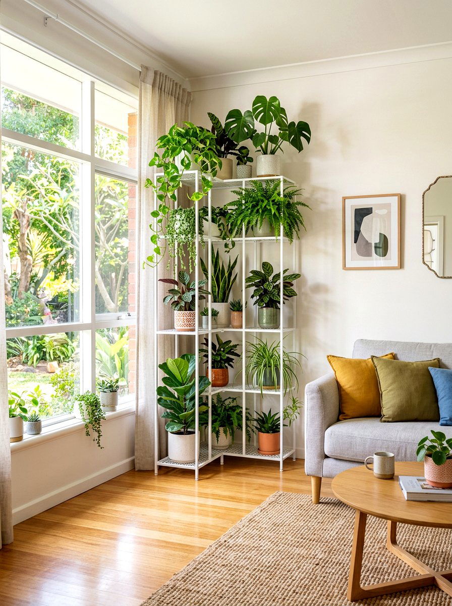 Corner tiered plant shelf - 30 apartment vertical garden ideas