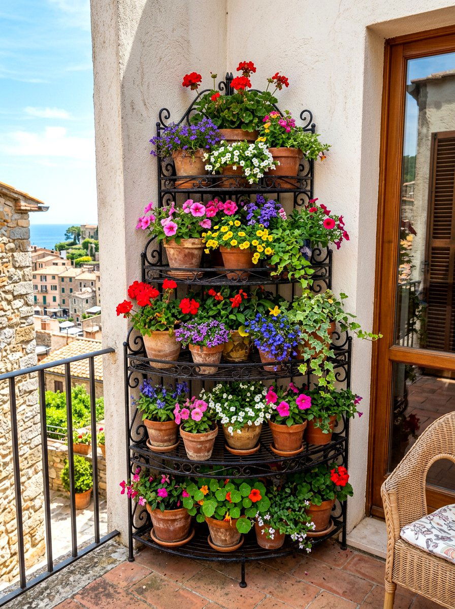 Corner tiered plant stand - 30 balcony planter wall ideas