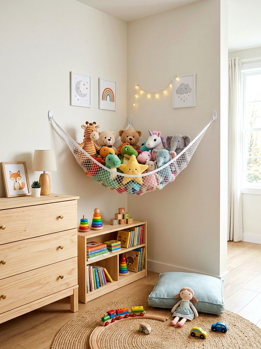 Corner toy hammock - 30 stuffed animal storage ideas