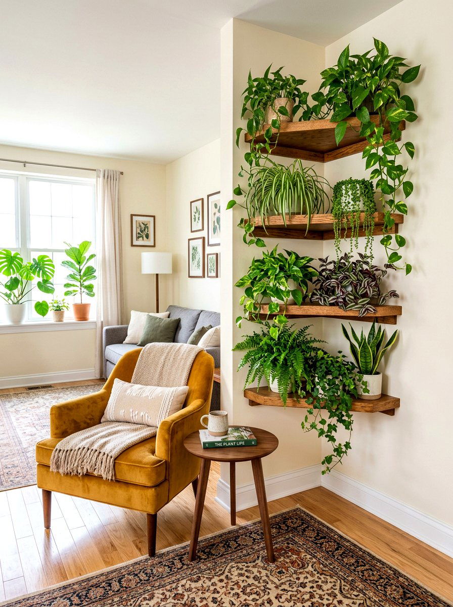 Corner wall plant shelf - 30 indoor plant wall ideas