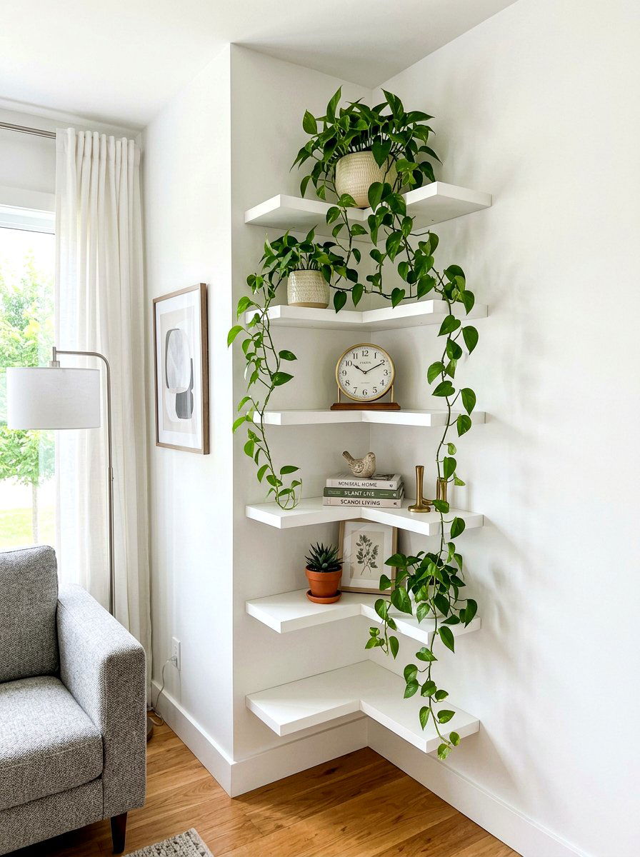 Corner wall shelf - 30 minimalist shelf styling ideas