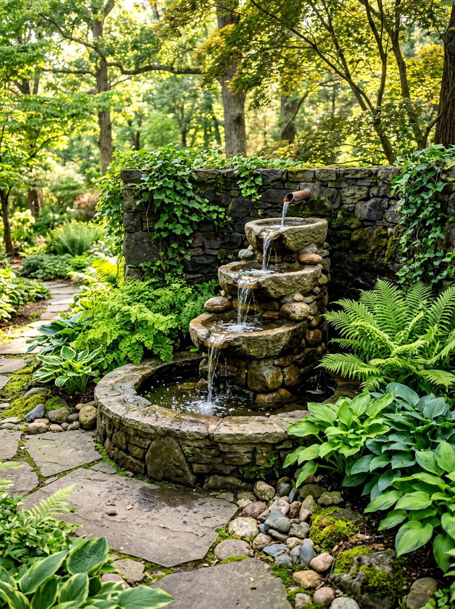 Corner water fountain - 30 corner yard landscaping ideas