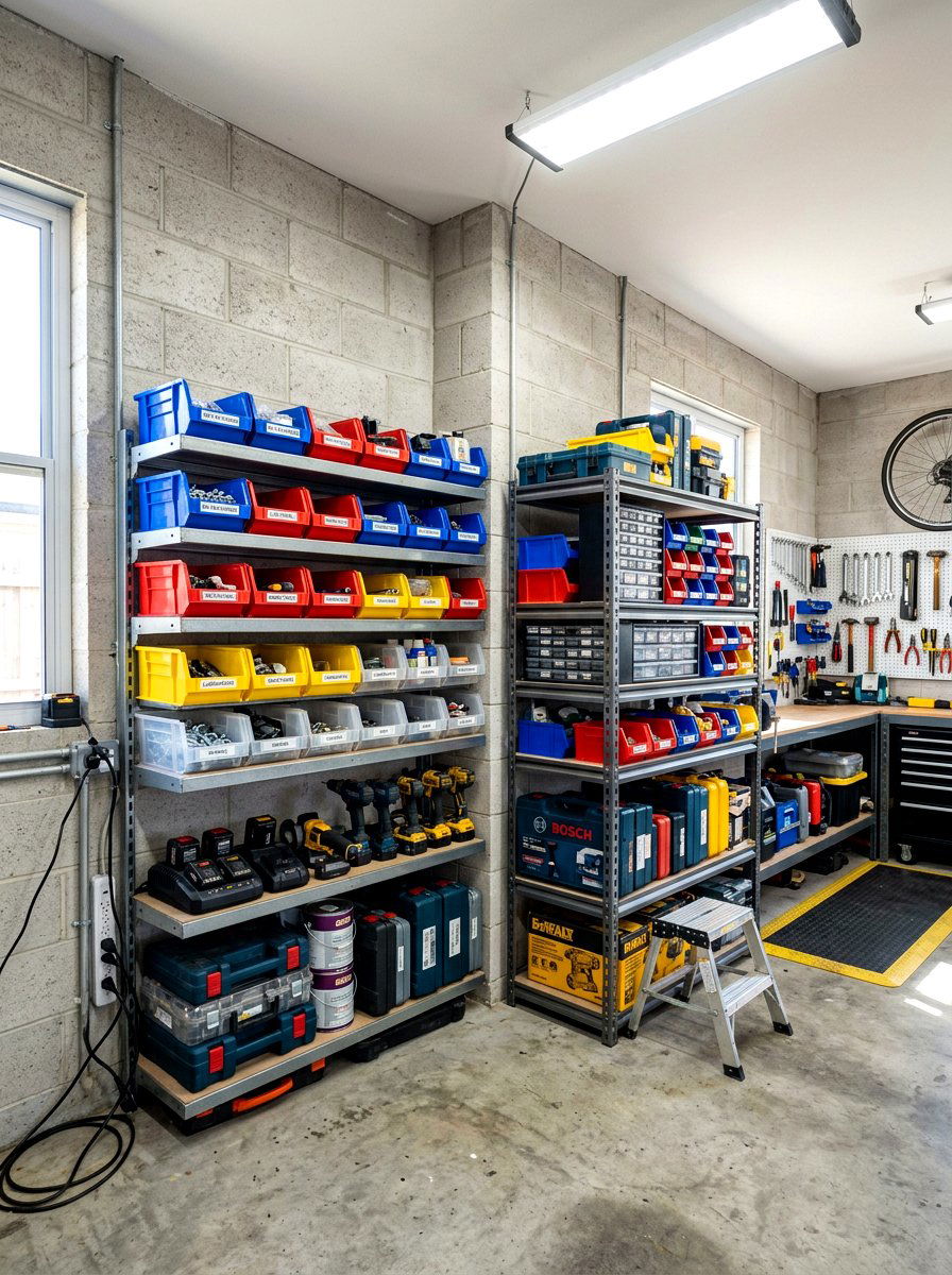 Corner workshop storage shelves - 30 small tool organizer ideas
