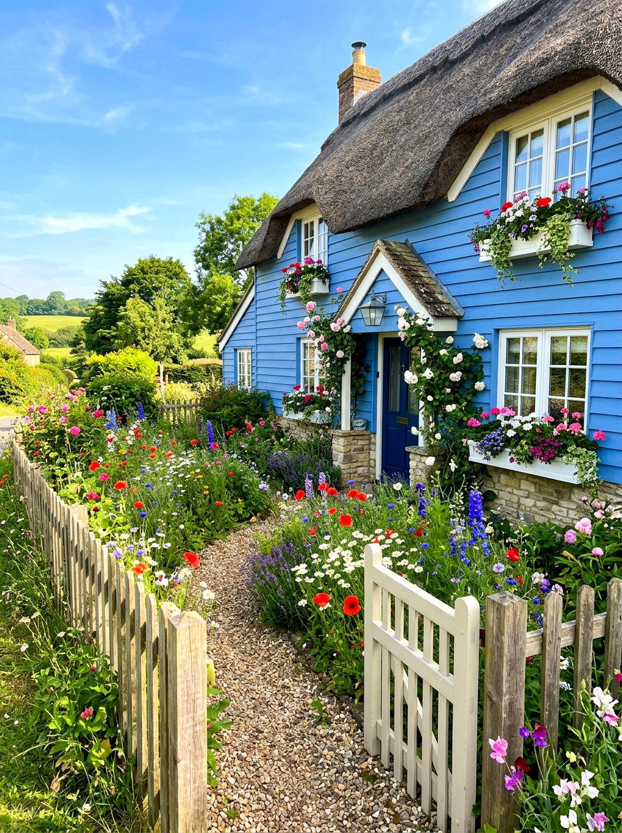 Cornflower blue cottage garden - 30 blue house exterior ideas