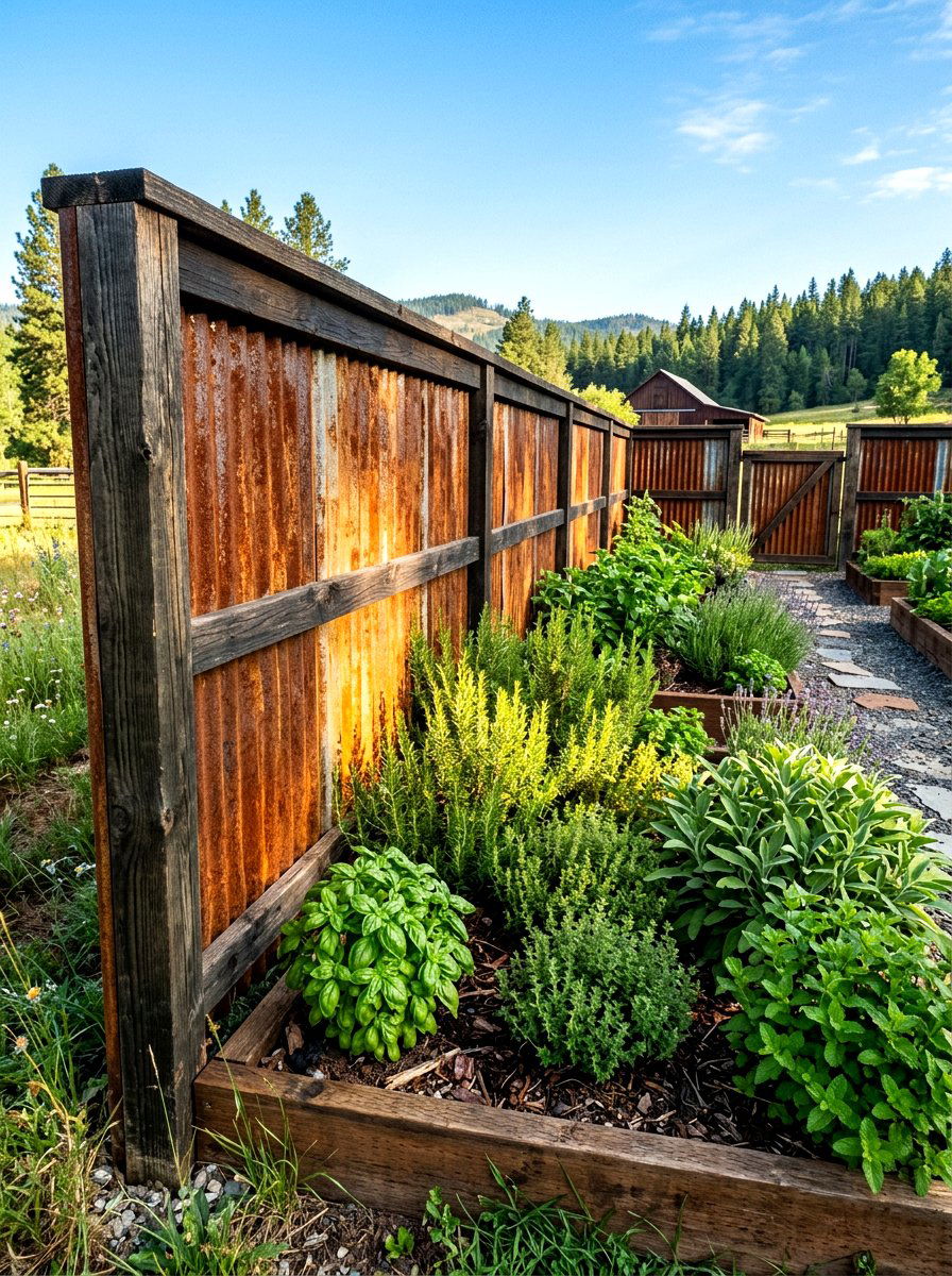 Corrugated Metal And Timber Fence - 30 herb garden fence ideas