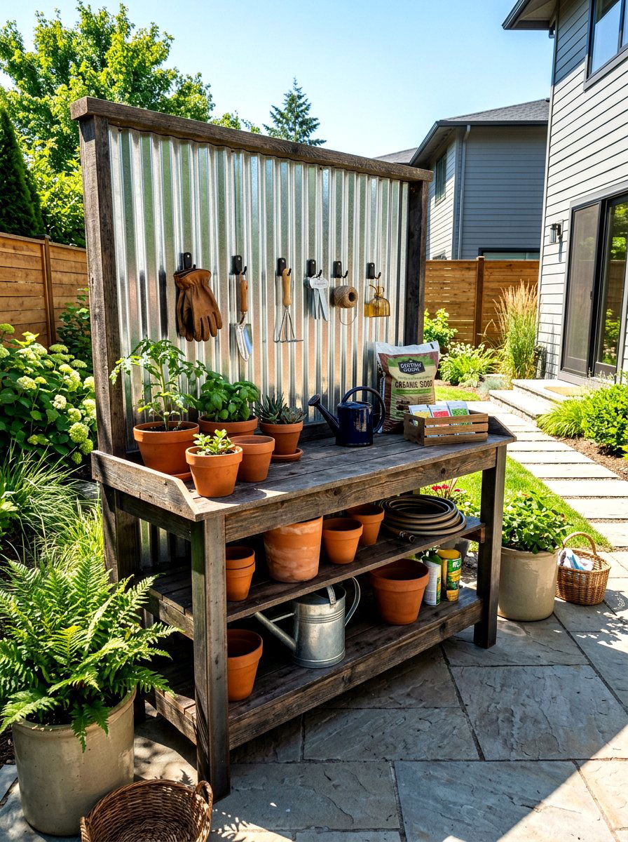Corrugated Metal Back - 30 potting bench storage ideas