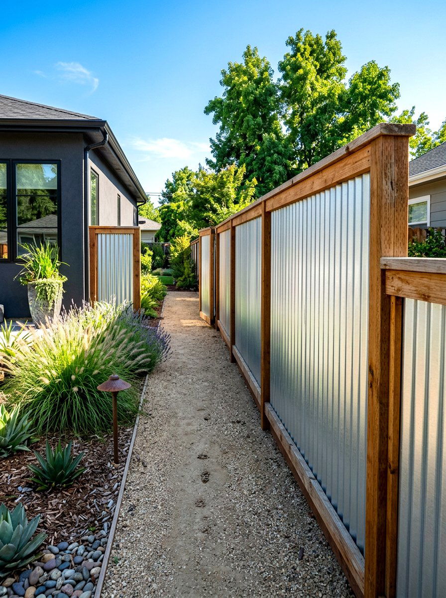 Corrugated Metal Fence - 30 side yard privacy fence landscaping ideas
