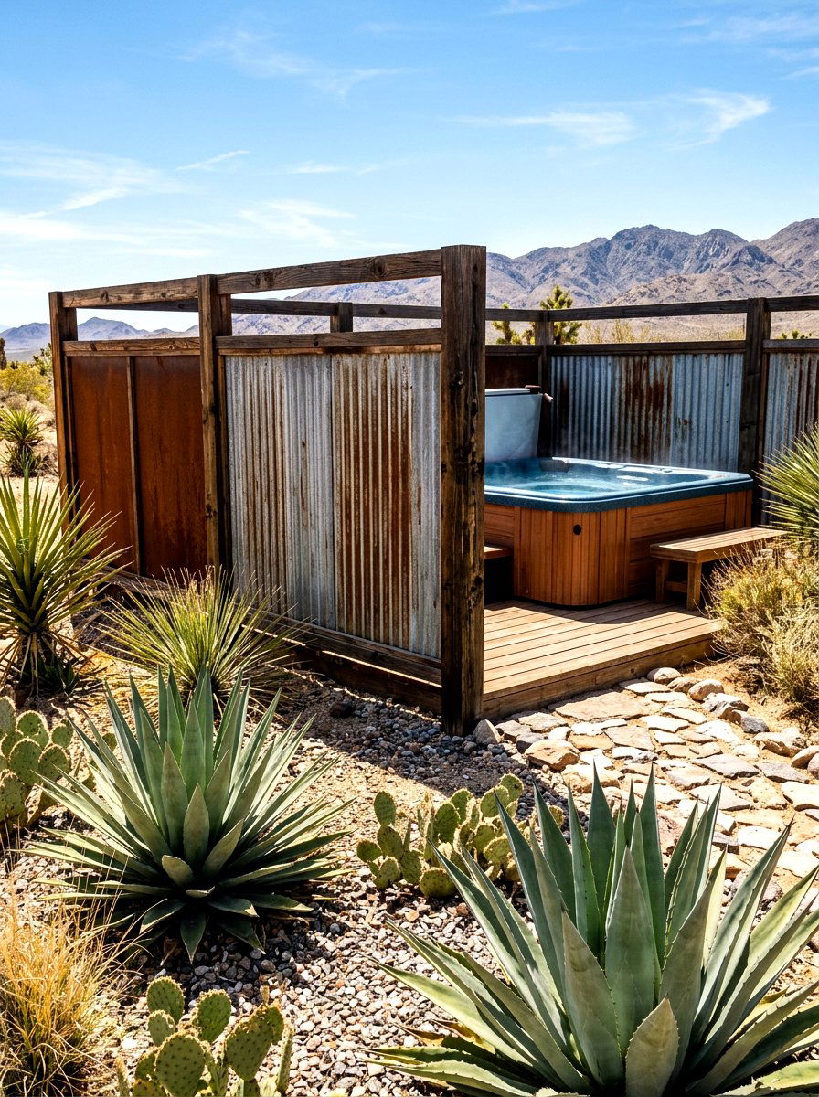 Corrugated Metal Fence - 30 hot tub privacy fence ideas