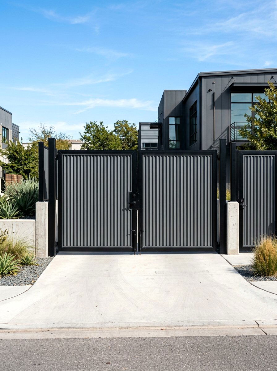 Corrugated Metal Industrial Gate - 30 driveway gate ideas