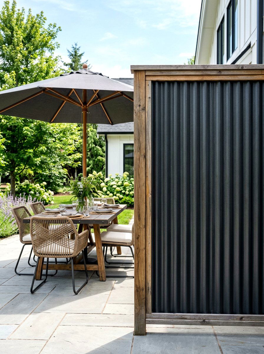Corrugated Metal Privacy Panel - 30 patio corner screen ideas
