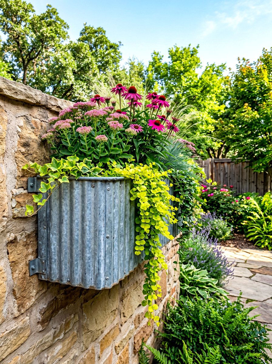 Corrugated Metal Wall Planter - 30 rustic vertical garden ideas