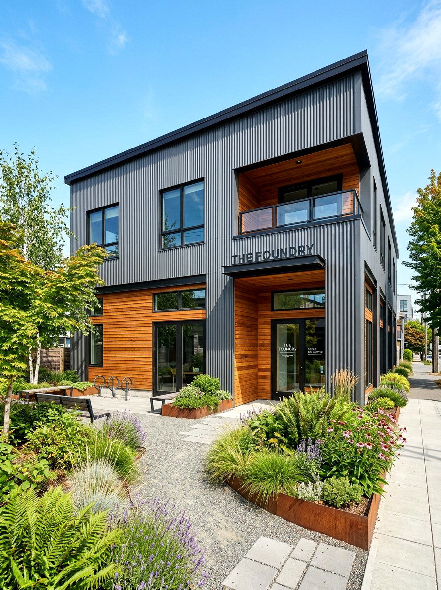 Corrugated metal and wood - 30 mixed material facade ideas