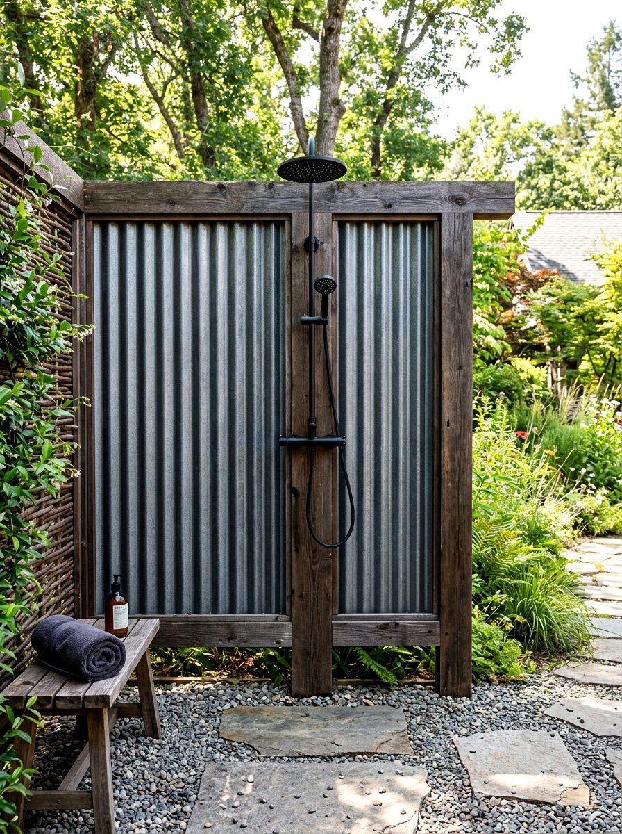 Corrugated metal shower wall - 30 outdoor shower privacy ideas