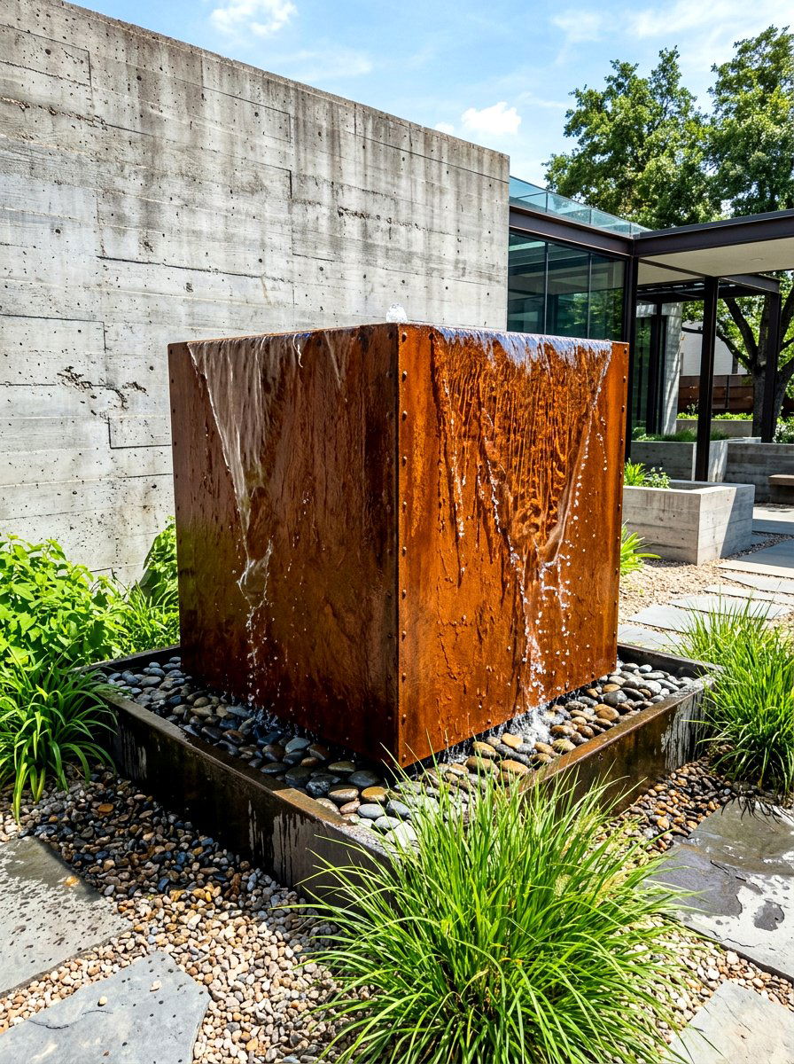 Corten Steel Fountain - 30 outdoor courtyard fountain ideas
