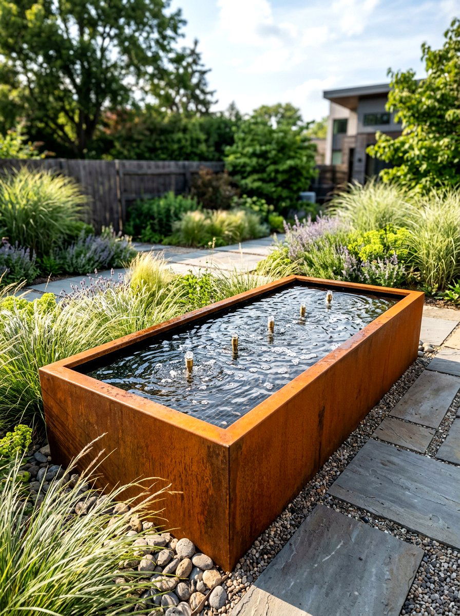 Corten Steel Water Table - 30 water feature landscaping ideas