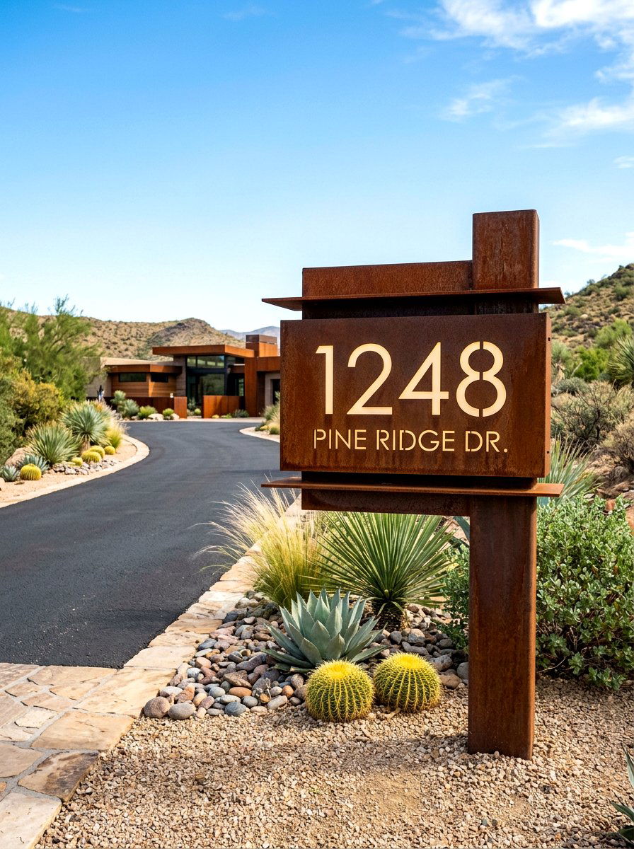 Corten steel address sign - 30 corten steel backyard ideas