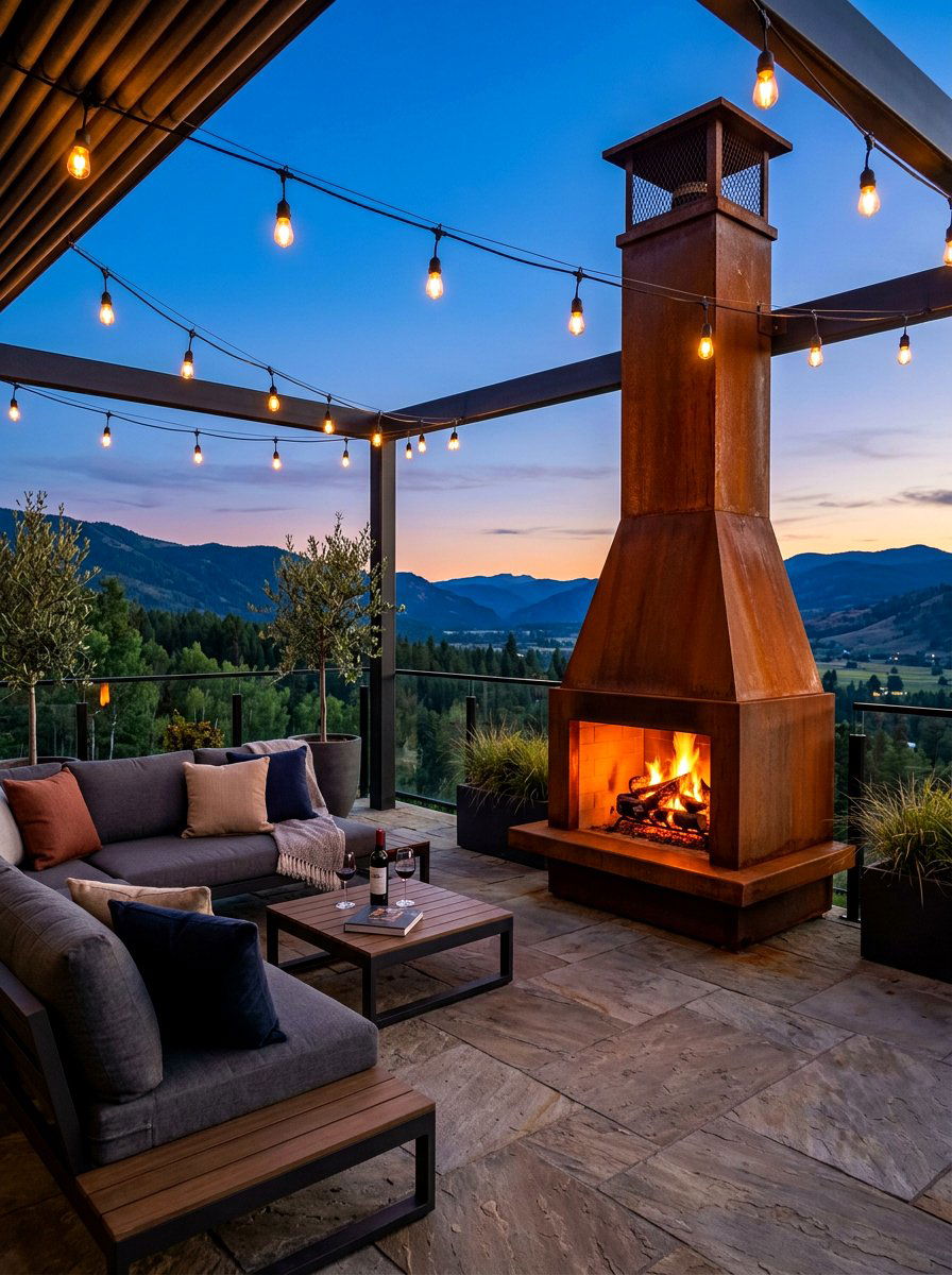 Corten steel outdoor fireplace - 30 corten steel backyard ideas