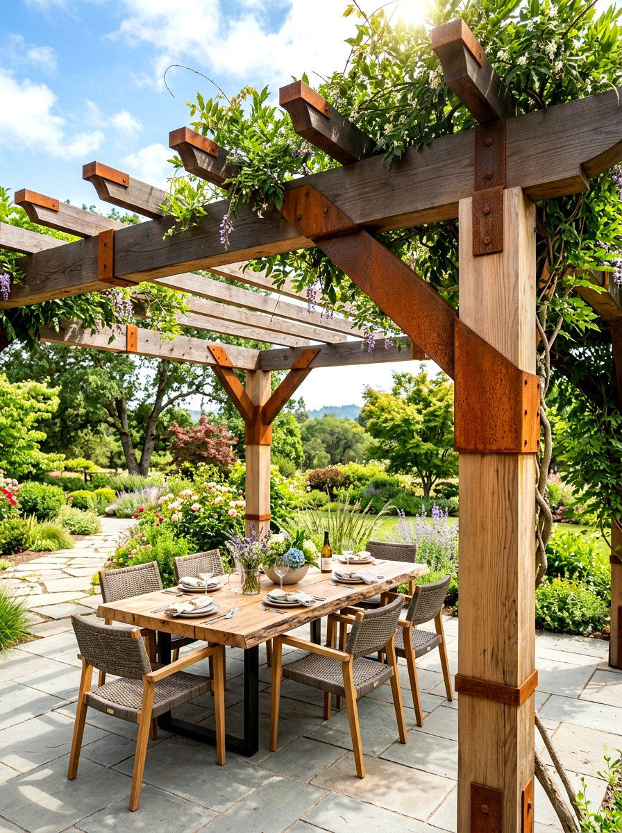 Corten steel pergola accent - 30 corten steel backyard ideas