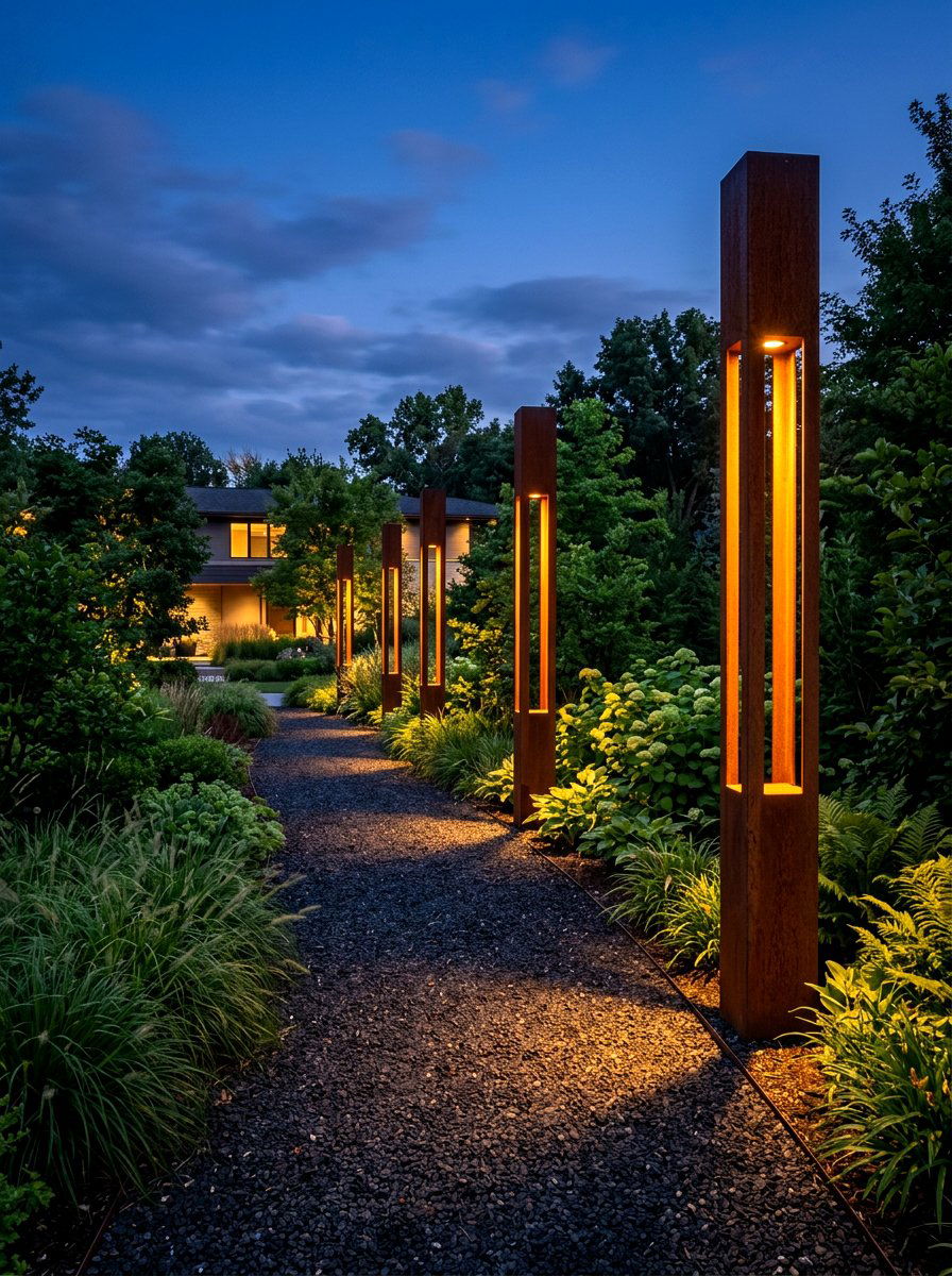 Corten steel pillar light - 30 corten steel backyard ideas