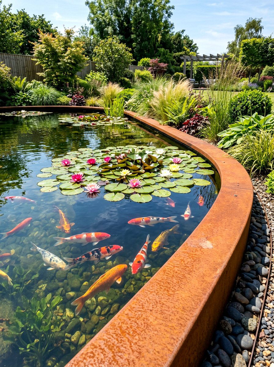 Corten steel pond edge - 30 corten steel backyard ideas