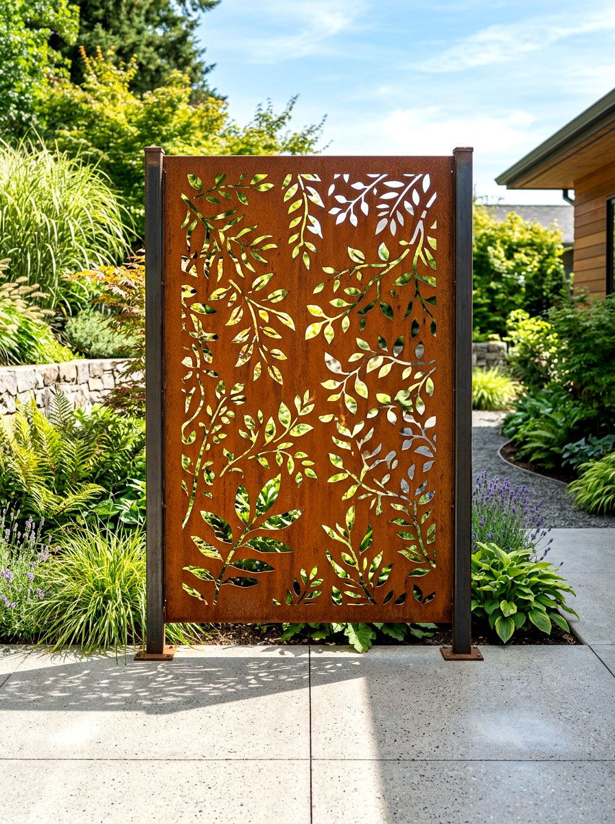 Corten steel privacy panel - 30 outdoor shower privacy ideas